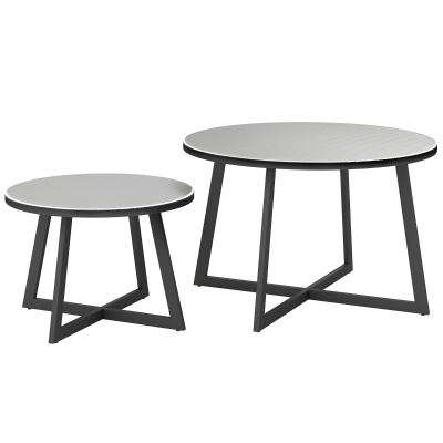 Outsunny 2er Set Beistelltisch Stapelbar Gartentisch Rund wetterfest Balkontisch mit X-Beine Glasplatte Stahl Schwarz+Grau