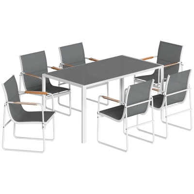 Outsunny Conjunto de Mesa y Sillas Jardín con Mesa de Vidrio Templado y 6 Sillas Transpirables para Terraza Patio Blanco y Gris