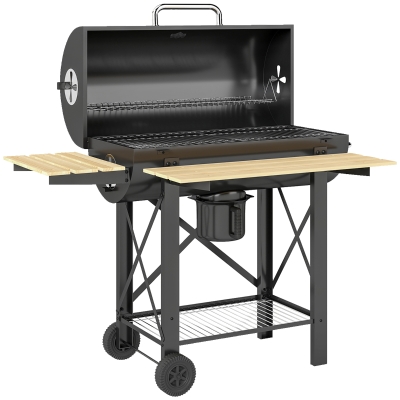 Outsunny Barbecue Charbon Fumoir Bois Noir avec Étagères Pliantes