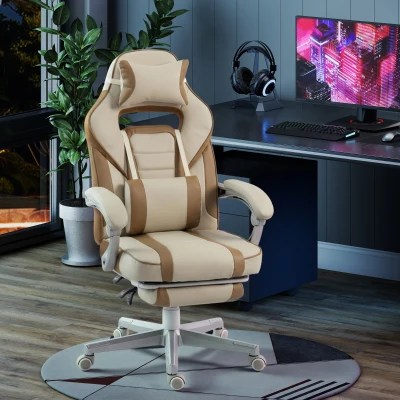 HOMCOM Silla Gamer Reclinable con Altura Ajustable Reposapiés Retráctil Soporte Lumbar y Reposacabezas Desmontable Crema