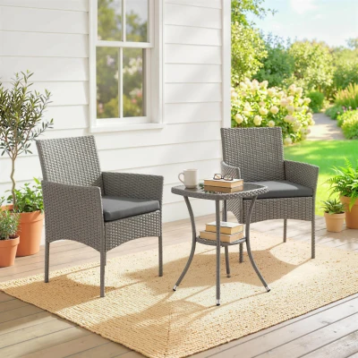 Outsunny 3 Piece Rattan Bistro Set Glass Table Dark Grey