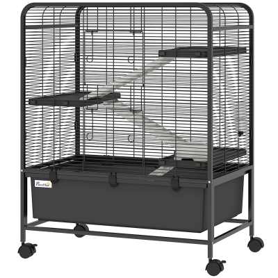 PawHut Cage Lapin 4 Niveaux Acier Noir Roulettes Bac Amovible