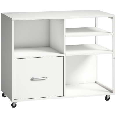 HOMCOM Mueble para Impresora con Ruedas Mesa para Impresora con Estantes Abiertos y Cajón para Documentos Tamaño A4 Blanco