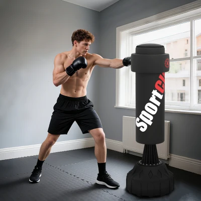SPORTNOW Saco de Boxeo de Pie 175 cm para Adultos Altura Ajustable de Banda Base Rellenable con Ventosas Amortiguador Negro