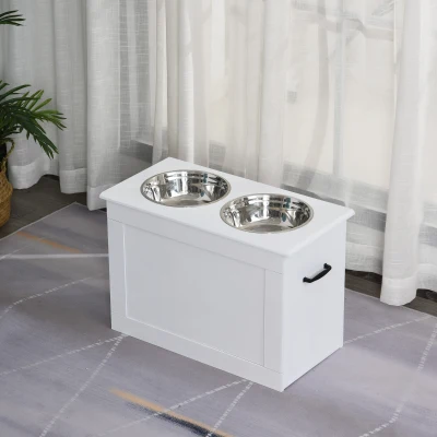 PawHut Cuencos para Perros con 2 Tazones de Acero Inoxidable y Espacio de Almacenaje Oculto 60x30x41 cm Blanco
