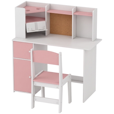 AIYAPLAY Secretária Infantil com Cadeira, Suporte Ajustável para Tablet, Porta-lápis, Quadro de Cortiça, Estantes e Armários, Rosa