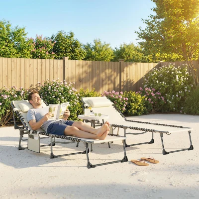 Outsunny Set de 2 Tumbonas Plegables con Reposacabezas Bolsillo Lateral y Respaldo Reclinable en 5 Posiciones Blanco Crema