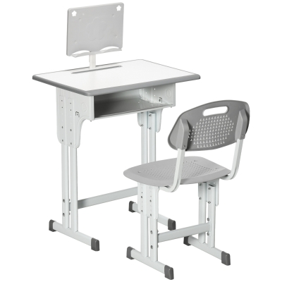 HOMCOM Juego de Escritorio y Silla Infantil de +6 Años Altura Ajustable con 1 Cajón y Estante para Libros 60x45x90-102 cm Gris