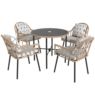 Outsunny 5pc Rattan Dining Set Wicker Table Chairs Light Brown