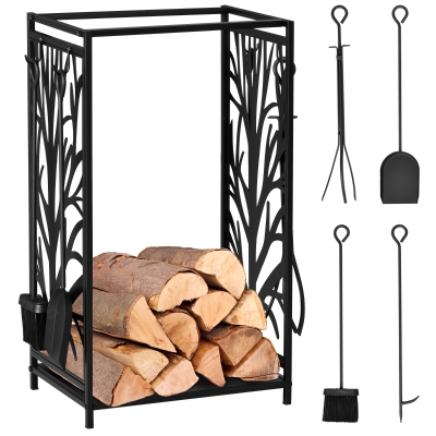 HOMCOM Suporte para Lenhas Suporte de Armazenamento para Lenhas 46x30x70 cm com 4 Ferramentas para Interior e Exterior Preto