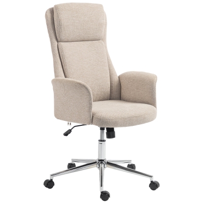 HOMCOM Cadeira de Escritório Giratória com Encosto Alto Função de Balanço Altura Ajustável Apoios de Braços Acolchoados e Rodas Bege