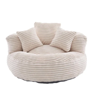 Plush Oversized Bean Bag Chair with High Back & 3 Pillows, 108L x 108W x 52H cm, Beige