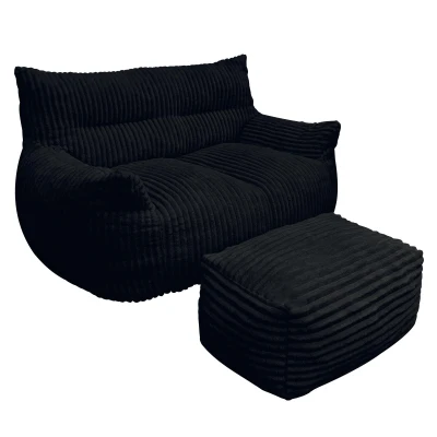 Oversized 2-Seater Corduroy Sofa with Ottoman, 100L x 135W x 75H cm, Black