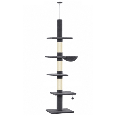 PawHut Arranhador até ao teto 225–255 cm ajustável Árvore para gatos com 5 níveis 3 postes de sisal, rede, plataformas