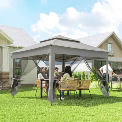 Outsunny Tenda Dobrável Exterior 325x325x270 cm Tenda de Jardim com Teto Duplo Rede Mosquiteira Amovível e Bolsa de Transporte Cinzento