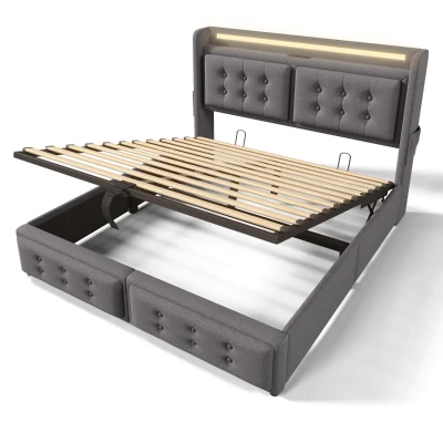 Practical Double Bed with Power 0utlets and USB Ports, 223L x 157W x 110H cm, Grey