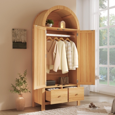 Country-Style Rattan Wardrobe with Semi-Circular Storage Area, 78L x 45W x 181H cm, Oak