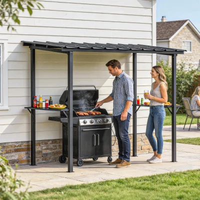 Outsunny Grillpavillon 2,71 x 1,82 m Gartenpavillon mit Pultdach, Seitenregalen UV-Schutz 50+ Schwarz