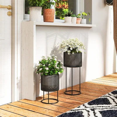 Outsunny Metal Plant Pots Set of 2 Hollow Design Black