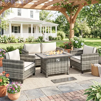Outsunny 5-Piece Rattan Patio Set with Fire Pit Grey