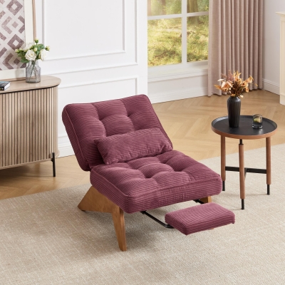 Cozy Reclining Accent Chair with Foldable Ottoman and Lumbar Pillow, 127L x 73W x 90H cm, Wine Red