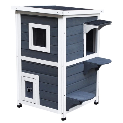 PawHut Katzenhaus aus Holz 2 Etagen Winterfest wasserdicht Katzenhütte mit Asphaltdach Treppen Fenster Katzenhöhle Outdoor Schutzhütte für Draußen Garten Balkon 51 x 51 x 81,3 cm Grau