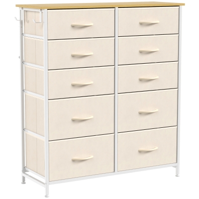HOMCOM 10-Drawer Fabric Chest, Storage Unit with 4 Pockets, 2 Hooks, Steel Frame, 80 x 30 x 94.5 cm, Beige