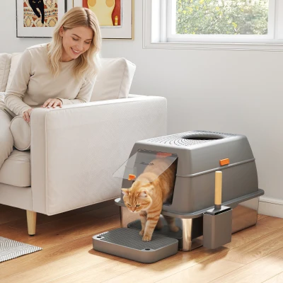 PawHut Maison de Toilette Chat Acier 60x40x38cm Gris Foncé