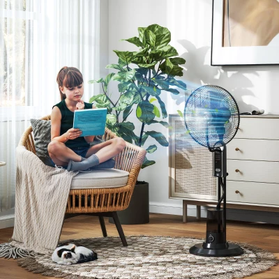 HOMCOM Ventoinha de Pé com Nebulizador 75 W Temporizador Depósito 3,2L Controlo Remoto 3 Velocidades 3 Hélices e Ecrã LED Ø44,5 cm Preto