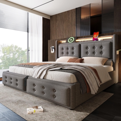 Practical Double Bed with Power 0utlets and USB Ports, 223L x 157W x 110H cm, Grey