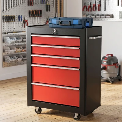 HOMCOM Lockable Tool Chest with Wheels, 5-Drawer, Red