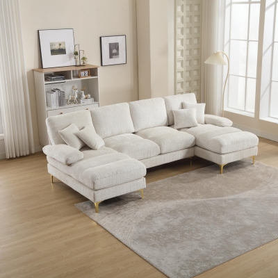 Modern U-Shaped Sectional Sofa with Double Chaise Lounge, 272L x 136W x 88H cm, Beige