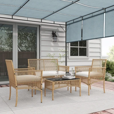 Outsunny Conjunto de Móveis de Jardim de Vime de 4 Peças de Varanda com 1 Sofá de 2 Lugares 2 Poltronas e Mesa de Centro Bege