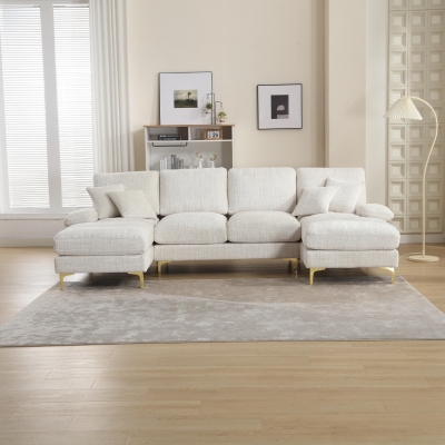 Modern U-Shaped Sectional Sofa with Double Chaise Lounge, 272L x 136W x 88H cm, Beige