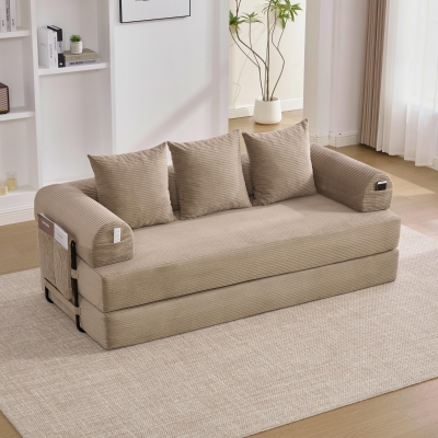 Cozy Compressible Folding Sofa with Detachable Metal Frame, 110L x 33W x 33H cm, Khaki