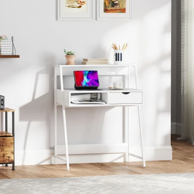 HOMCOM Bureau Néo-Rétro Blanc avec Tiroir et Étagère Métal