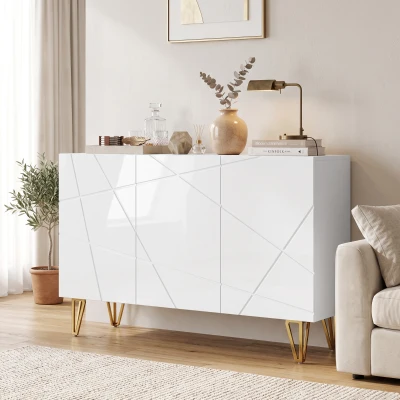 HOMCOM Aparador de Entrada con 3 Puertas y Estantes Ajustables para Cocina Sala 120x40x75 cm Blanco Brillante