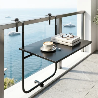 Outsunny Balkontisch, für Geländer 6-15cm Dicke, verstellbar, rostfreies Metall, 62x60x85,5cm, Schwarz