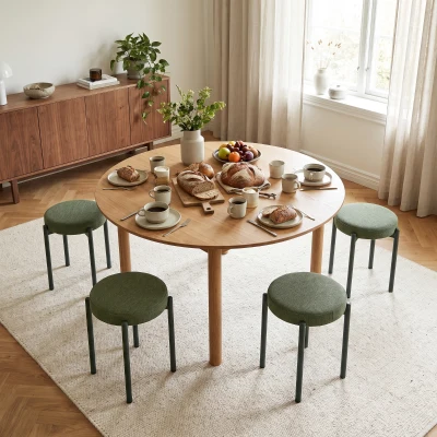 HOMCOM Set 4 taburete stivuibile cu picioare din oțel, aspect de in, pentru sufragerie, living, bucătărie, Verde închis