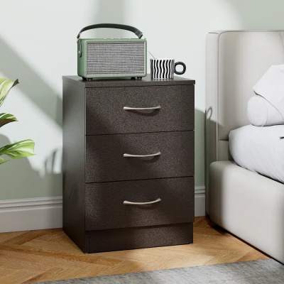 HOMCOM Mesilla de Noche con 3 Cajones y Asas de Aluminio Mesilla de Noche para Dormitorio Salón 40x35x58 cm Marrón Oscuro