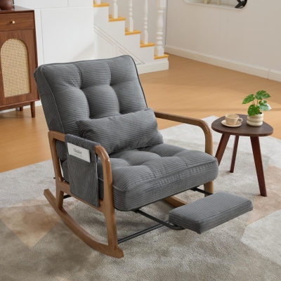 Cozy Rocking Chair with Adjustable Footrest and Side Pocket, 92L x 80W x 70H cm, Gray