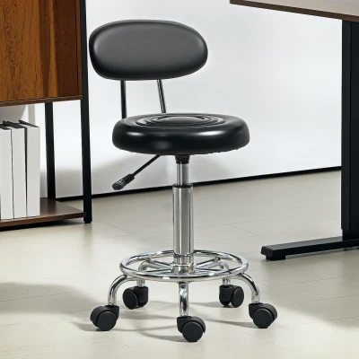HOMCOM Banco Giratório com Rodas e Encosto Banco de Trabalho com Altura Ajustável Banco Estofado em Couro Sintético 32x40x70x70-86 cm Preto