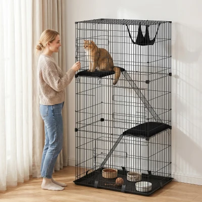 PawHut Large Cat Cage 3-Tier Metal with Hammock Indoor Black