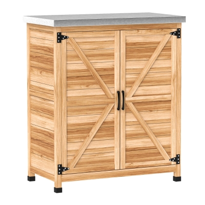 Outsunny Armário de Exterior em Madeira com Tampo de Aço Galvanizado Prateleira 2 Portas  para Armazenamento de Ferramentas 79x43x92 cm Madeira