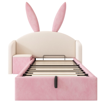 Bunny Ears Children's Bed with Hydraulic Storage, 206L x 149W x 143H cm, Beige+Pink