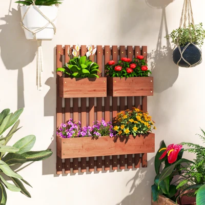 Outsunny Floreira de Parede com Treliça Floreira Vertical de Madeira com 4 Vasos Móveis e Orifício de Drenagem  60x16x80 cm Castanho