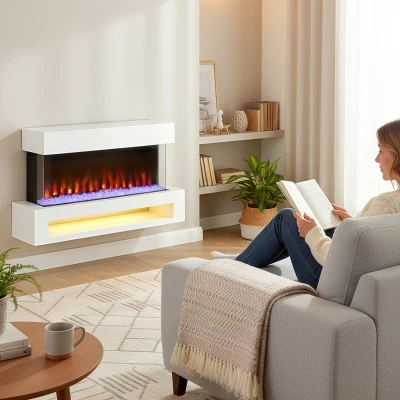 HOMCOM Elektro-Kamin mit 11 Flammenfarben, 10 Kristallbett-Farben, 1000W/2000W, Fernbedienung, vielseitig einsetzbar, Weiß