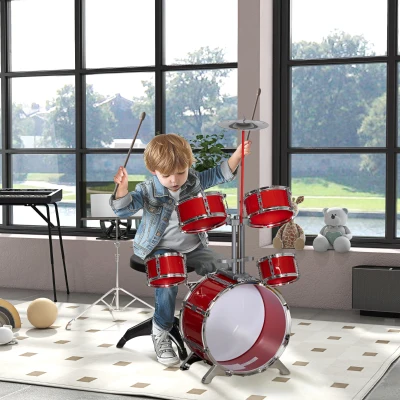 AIYAPLAY Set Batteria per Bambini con Bacchette e Sgabello Rosso
