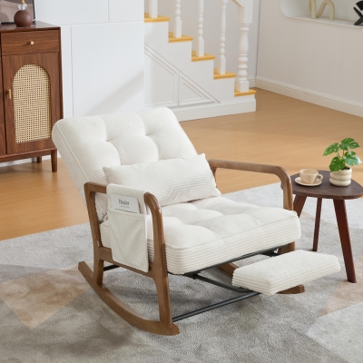Cozy Rocking Chair with Adjustable Footrest and Side Pocket, 92L x 80W x 70H cm, Beige
