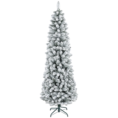 HOMCOM Künstlicher Weihnachtsbaum, flammenhemmend, mit Kunstschnee, schlank, Stahlfuß, 75 x 210 cm, Grün